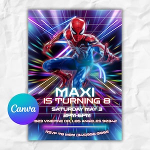 May include: A colourful birthday invitation with Spider-Man as the central figure. The invitation reads "MAXI IS TURNING 8" and includes event details: Saturday May 3, 2PM-6PM, and an RSVP phone number.