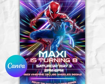 Spider Superhero Birthday Invitation, Editable Web Theme (Digital Invite) NEON