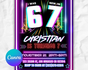 Six Seven Birthday Invitation, I was 6 now I'm 7 Party Invite, 6 7 Meme, 7th Birthday Party, Digital Download, Editable Canva Template NEON
