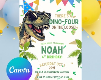 Dino-Four Birthday Invitation, Editable Dinosaur Birthday Invite, T-rex Birthday ,Dino Party, Dinosaur Digital Invitation CANVA Editable