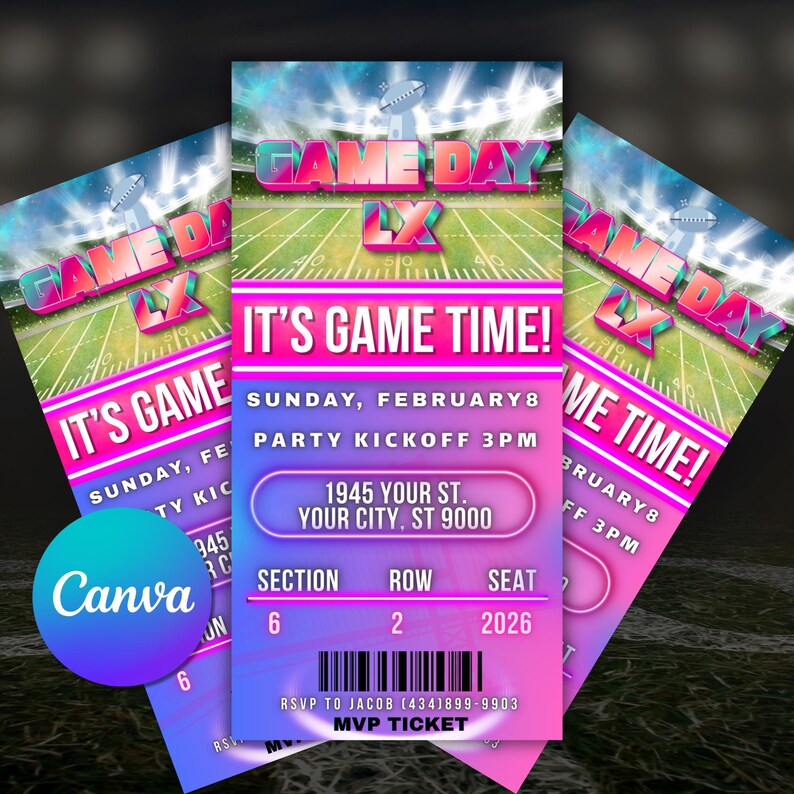 May include: Three tickets with a football theme. The tickets have a gradient background of pink and blue, with the text "GAME DAY LX" and "IT'S GAME TIME!". The tickets include the date, time, and location.