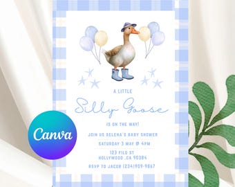 Silly Goose Baby Shower Invitation | Editable Canva Template Baby Blue