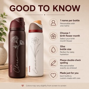 May include: Two Owala insulated water bottles. One is maroon with a floral design and the name "Clara". The other is white with a daffodil design and the name "Emma". Both bottles have a 946ml capacity and are personalized.
