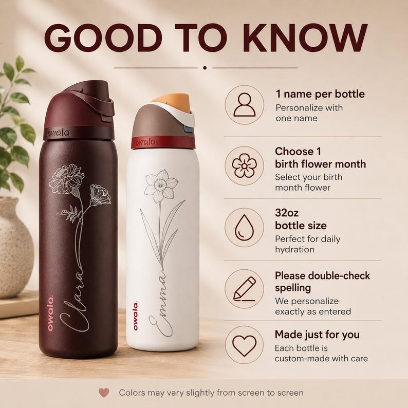 May include: Two Owala insulated water bottles. One is maroon with a floral design and the name "Clara". The other is white with a daffodil design and the name "Emma". Both bottles have a 946ml capacity and are personalized.