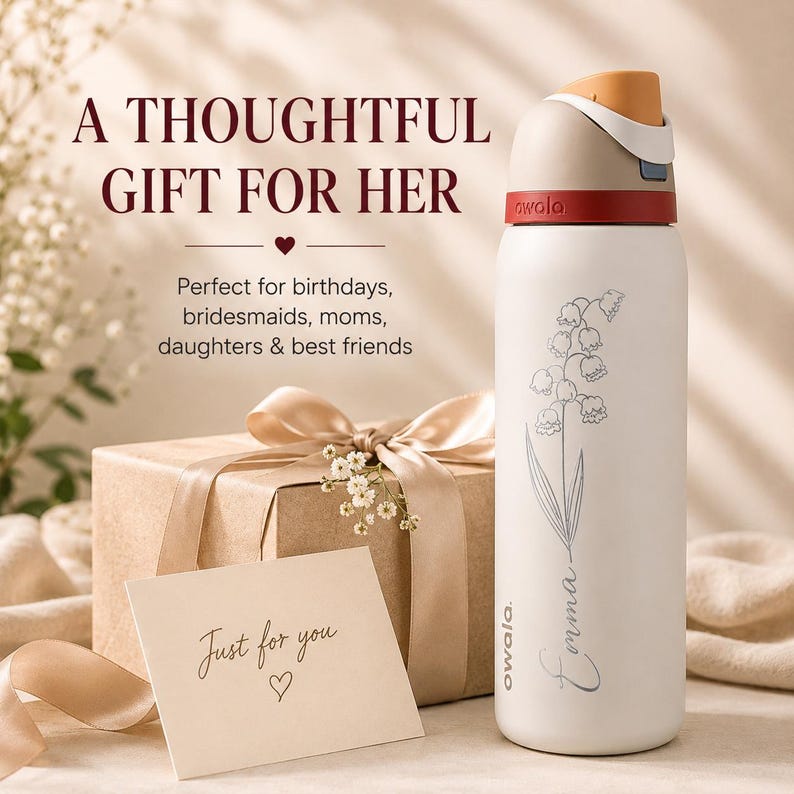 May include: A white insulated water bottle with a floral design and the name "Emma" is displayed next to a wrapped gift box and a card that says "Just for you". The text "A Thoughtful Gift For Her" is at the top.