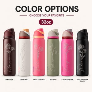May include: Six 946ml insulated water bottles in different colours, each with a floral design and a name. Colours include very dark brown, white, pink, olive green, light pink, and black. The text "COLOR OPTIONS" and "CHOOSE YOUR FAVORITE" are at the top.
