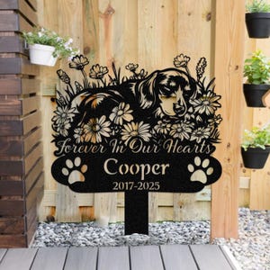 Personalized Sleeping Dachshund Grave Marker with Flowers, Custom Pet Memorial Garden Stake, Dog Loss Tribute for Wiener Dog Lovers