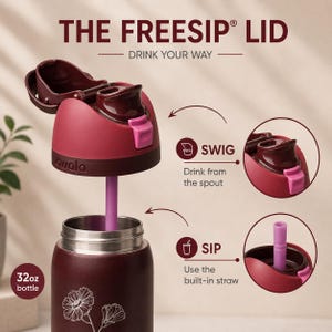 May include: A maroon 946ml bottle with a matching lid, featuring a pink straw and accents. The lid has a flip-top design and the text "THE FREESIP LID" is displayed at the top. The bottle has a floral design.