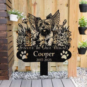 Custom Lovely Angel Yorkshire Terrier Memorial Garden Stake, Personalized Yorkie Dog Grave Marker with Wildflower, Outdoor Metal Pet Tribute