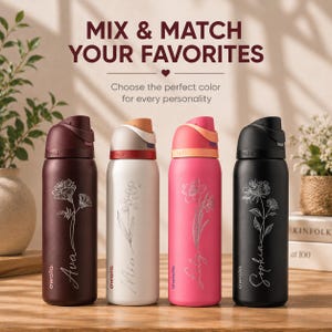 May include: Four water bottles in burgundy, white, pink, and black, each with a floral design and a name. The bottles have a flip-top lid and the text "MIX & MATCH YOUR FAVORITES" is at the top.