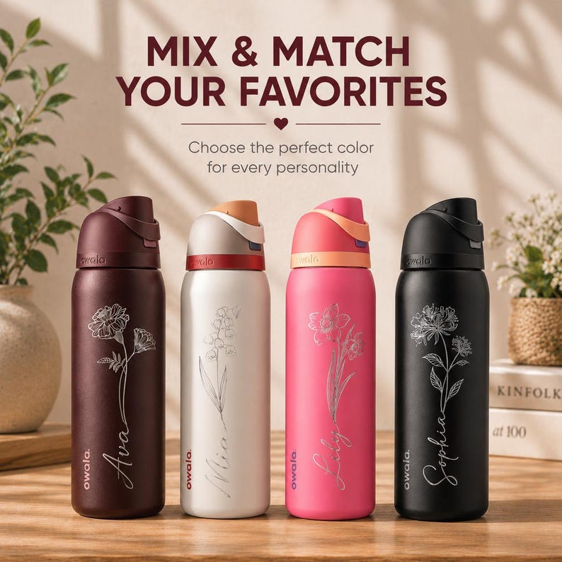 May include: Four water bottles in burgundy, white, pink, and black, each with a floral design and a name. The bottles have a flip-top lid and the text "MIX & MATCH YOUR FAVORITES" is at the top.