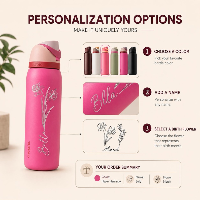 May include: A pink water bottle with a floral design and the name "Bella" engraved. The image shows personalisation options, including colour selection, name engraving, and birth flower choice. The bottle is a Hyper Flamingo colour.