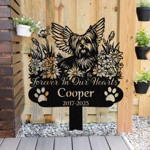 Custom Yorkie Angel Garden Memorial Stake with Flowers, Personalized Yorkshire Terrier Pet Loss Gift, Outdoor Dog Tribute Marker