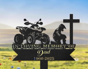 Letrero conmemorativo personalizado para ATV, conductor de ATV arrodillado ante la cruz, en memoria de un ser querido, marcador de tumba personalizado, letrero de metal para un ser querido