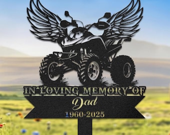 Letrero conmemorativo personalizado para ATV, conductor de ATV arrodillado ante la cruz, en memoria de un ser querido, marcador de tumba personalizado, letrero de metal para un ser querido
