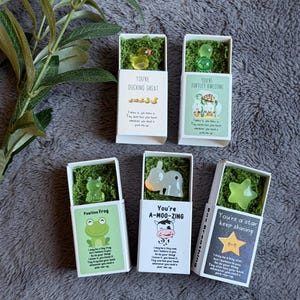 May include: Five small gift boxes with glass animal figurines: a duck, turtle, frog, cow, and star. Each box has a green moss base and a printed message. The boxes are on a gray surface.
