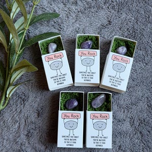 May include: Five small white boxes with a purple gemstone inside, nestled on green moss. Each box has a cartoon drawing and the text "You Rock" and "Sometimes you forget you're awesome so this is your reminder."
