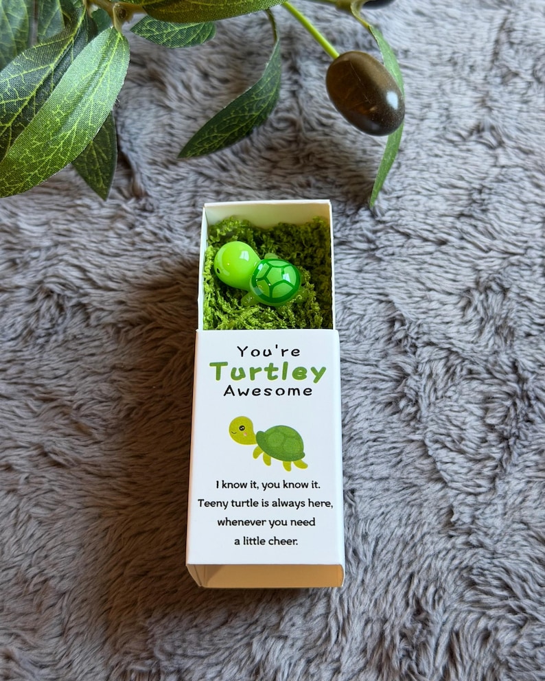 May include: A white box with the text "You're Turtley Awesome" and a cartoon turtle illustration. Inside, two green turtle-shaped glass marbles rest on green moss. The box also includes the text: "I know it, you know it. Teeny turtle is always here, whenever you need a little cheer."