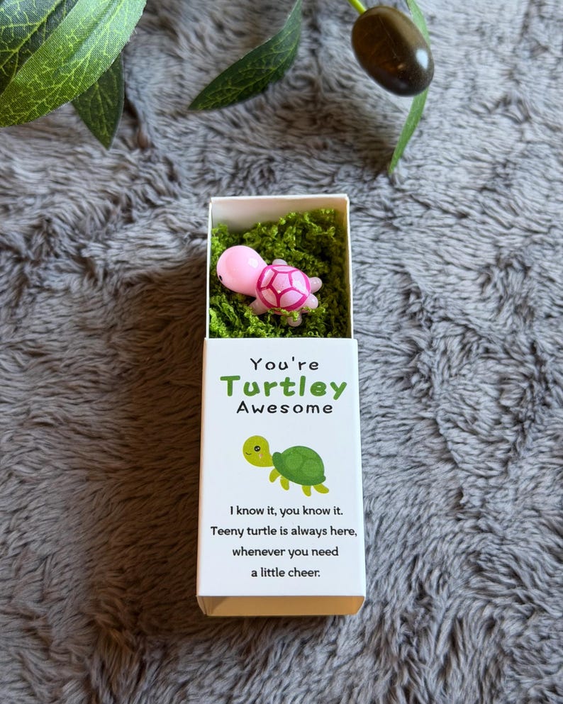 May include: A pink and white turtle figurine rests on green moss inside a small white box. The box has the text "You're Turtley Awesome" and a cartoon turtle illustration. The box also includes the text "I know it, you know it. Teeny turtle is always here, whenever you need a little cheer."
