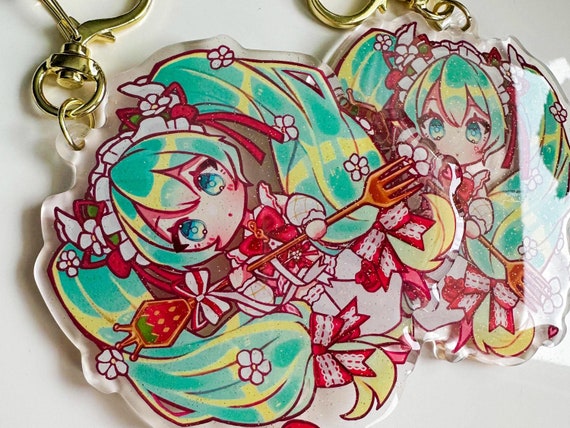 HATSUNE MIKU 15TH Anniversary Strawberry Miku Glitter Epoxy Keychain | Sticker