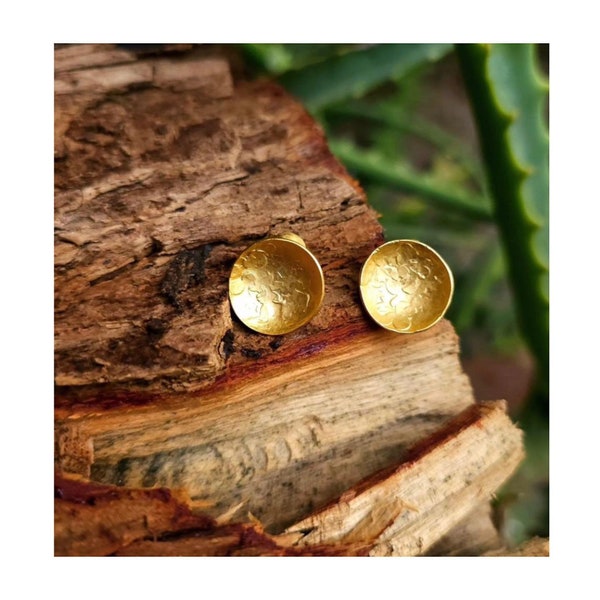 Gold Circle Stud Earrings, Circle Artisanal Hand-Forged and Hammered Studs, 24k Gold Plated, Valentine’s Gift.