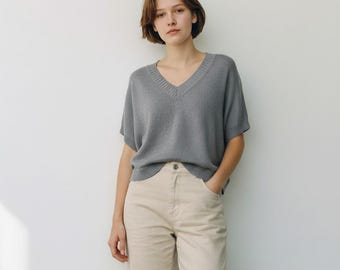 Oversized Knit Vest – 100% Cotton Sleeveless Sweater – Boxy Fit Knit Top – Minimalist Gray Knitwear