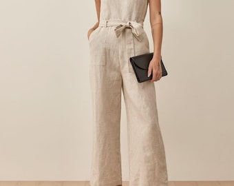 Combinaison en lin pour femme – 1 pièce ample sans manches | Ensemble minimaliste en lin avec ceinture