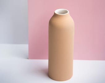 Handcrafted Ceramic Sand Tall Vase with White Glaze, Minimalist Mexican Pottery