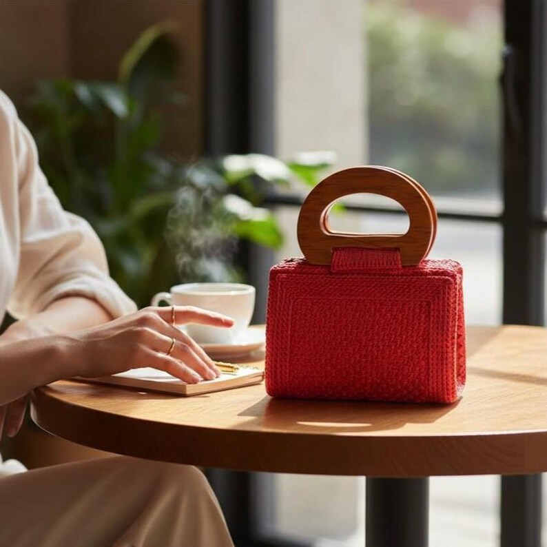Handmade Woven Mini Bag with Wooden Handle