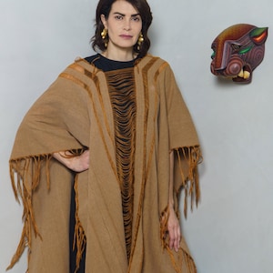 Handwoven Tan Cotton Poncho with Distressed Fringe – Boho Shawl – Artisan Ruana Cape –  Lightweight Camel Wrap – Bohemian Cover-Up