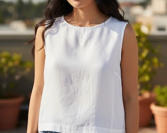Chaleco minimalista de lino con botones: top corto sin mangas, camiseta bohemia con cuello en V, armario cápsula de verano