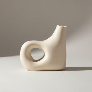 Handmade Curved Spout Ceramic Vase |  Modern Minimalist Sculptural Off-White Pottery | Contemporary Organic Centerpiece