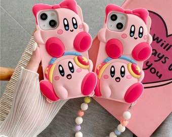 3D Kirby Phone Case Bead Wristlet Strap iPhone 14 Pro Max iPhone 13 iPhone 12 iPhone 11 iPhone X/XS iPhone XR Protective Silicone Phone Case