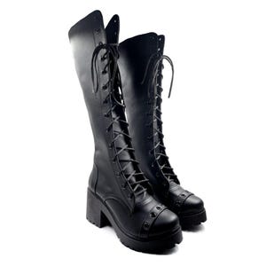 Ghoul Boots | Tall Shaft | Black Vegan Leather Platform Lace-Up Boots with Side Zipper for Alt Fashion & Cosplay