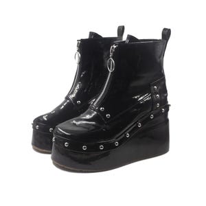 Noir Ankle Boots | Gothic Patent Leather Platform Boots | Punk Zipper Boots | Vegan & Custom | Handmade Alt Footwear