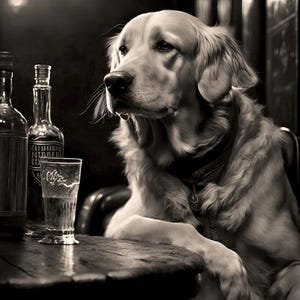 Golden retriever whiskey wall decor and wall art, retro decor, bar tavern art, Vintage, Prohibition era, poster and prints, man cave decor