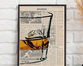 Vintage Sports Newspaper Poster Whiskey Glass - Retro Wall Art, Unique Home Decor, Bar Artwork, Gift for Sports Fans, Men's Gift, Man Cave