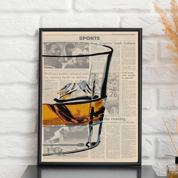 Vintage Sports Newspaper Poster Whiskey Glass - Retro Wall Art, Unique Home Decor, Bar Artwork, Gift for Sports Fans, Men's Gift, Man Cave