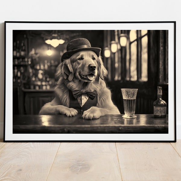 Golden retriever whiskey wall decor and wall art, retro decor, bar tavern art, Vintage, Prohibition era, poster and prints, cute dog art