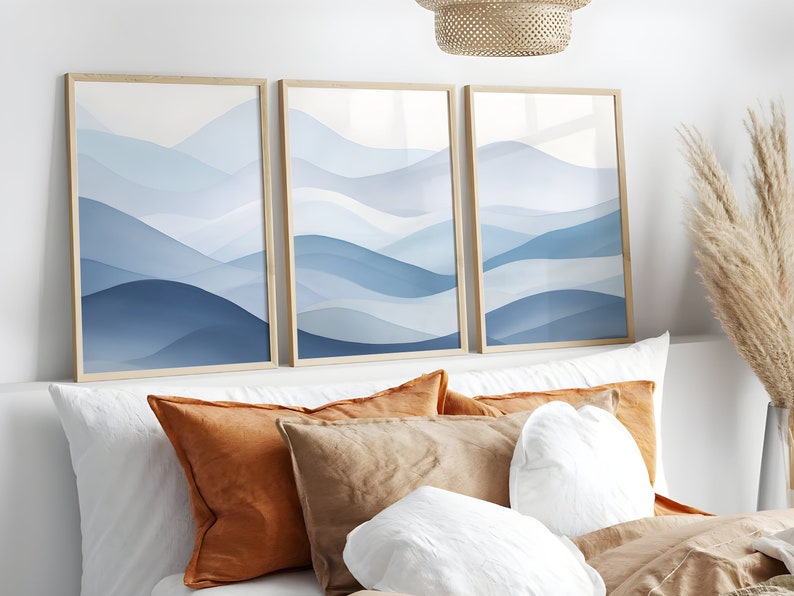 3 Piece Wall Art Blue, Abstract Mountain Wall Art, 3 Piece Wall Art Set ...