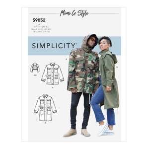 May include: A Simplicity sewing pattern for a jacket, with a model wearing a camouflage jacket and another model wearing a green jacket. The pattern number is S9052.