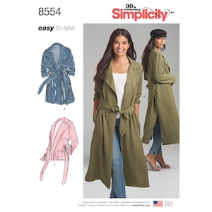 Peut inclure: Un patron de couture pour un long manteau ceinturé. Le patron comprend des instructions pour réaliser une version en denim, rose et verte du manteau. Le patron est de Simplicity et est facile à coudre.