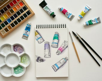 Original watercolor sketch of paint tubes