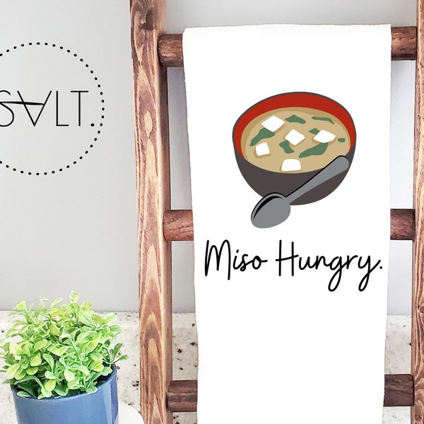 Miso Hungry Tea Towel, Soup, Hangry, Food, Tofu, Dashi, Nori, Seaweed, Bowl and Spoon, Kitchen Decor, Gift Idea,Stocking Stuffer, Functional