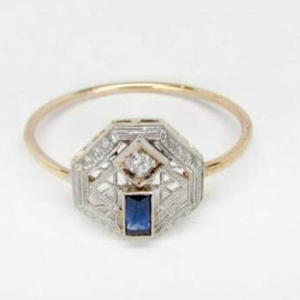 Octagon Shape Milgrain Art Deco Ring, Blue Baguette & Round Cut CZ Stone Engagement Ring, Open Work Filigree Ring, Anniversary Gift For Wife