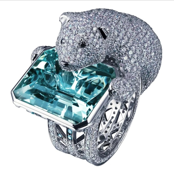 Polar Bear Inspire Cocktail Ring, Aqua Blue Emerald & Round Cut CZ Stone Ring, Bezel Set Party Wear Ring, Animal Inspire Ring, Fine Jewelry