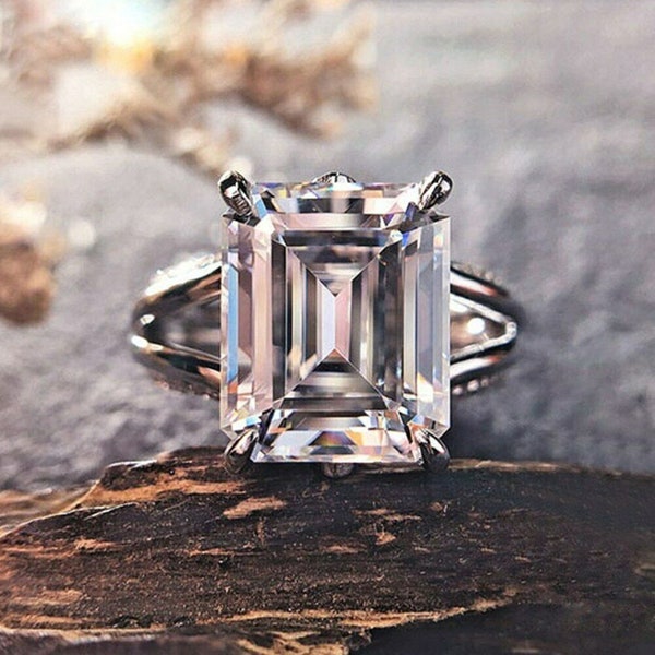 Solitaire Accent Wedding Ring, Emerald Cut Moissanite Diamond Ring, 14K White Gold Promise Ring, Split Shank Engagement Ring, Birthday Gift
