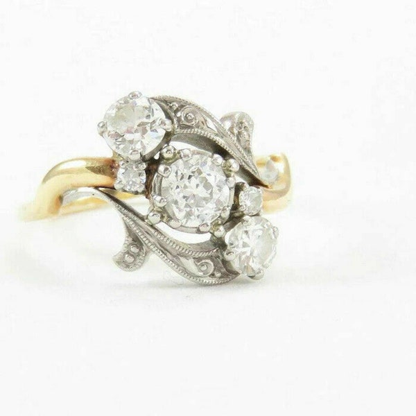 Three Stone Art Deco Antique Ring, Round Cut Moissanite Diamond Ring, Two Tone Engagement Ring, Mid Century Ring, Milgrain Wedding Ring