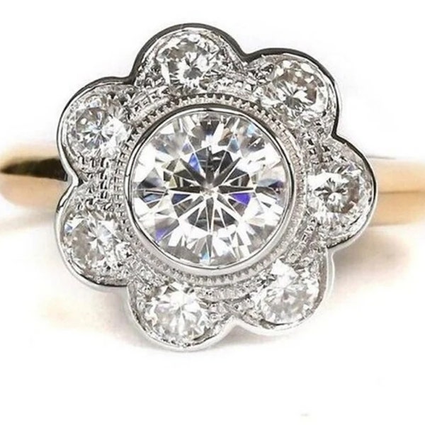 Floral Inspire Art Deco Ring, Round Cut Moissanite Diamond Edwardian Ring, Vintage Inspire Wedding Ring, Two Tone Bezel Set Milgrain Ring