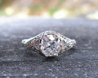 Solitaire Filigree Ring, Old Mine Cut Moissanite Diamond Ring, Edwardian Engagement Ring, Milgrain Wedding Ring, Antique Art Deco Ring